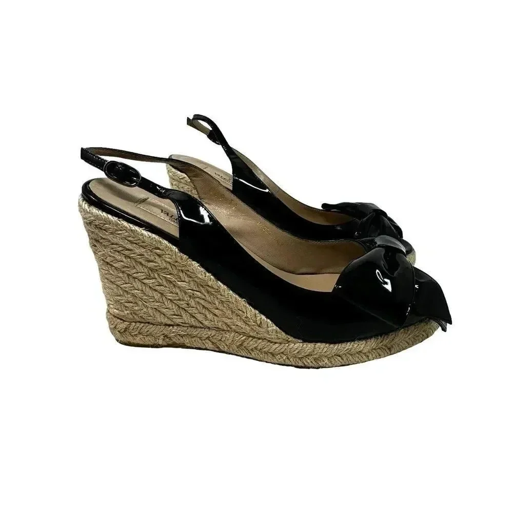 Valentino Garavani size 7 37 Espadrille Wedge Black patent leather sandal w/box